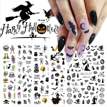 2021 Halloween Körme Fekete Matricák Köröm Matricák Tök Elfek Boszorkány Csontváz Csúszka Pakolások Nail Decor Manikűr Art Cool