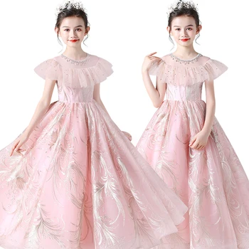 A gyermekek hercegnő ruha, csipke, hímzés, hosszú ruha koszorúslány esküvői ruha ruha gyöngyfűzés fél hercegnő ruha