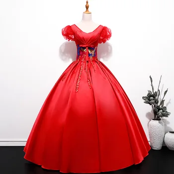 Elegáns Fél Prom Ruha Divat V-nyakú Quinceanerán Ruha Vintage Sequin Hímzés Padló Hossza Vörös Ball Ruha Vestidos