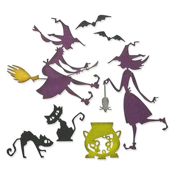 Fáradságos & Baj Vágás Meghal 2021 Új Halloween fémforgácsolási Meghal Boszorkányok Ravasz Macska Üst DIY Scrapbooking Kártya Készítés