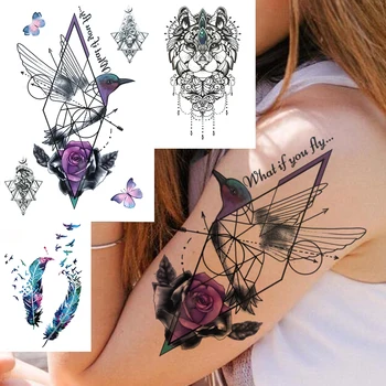 Geometria Lila Rózsa Kolibri Ideiglenes Tetoválás A Nők, Felnőttek Hamis Toll Bagoly Madár Tetoválás Matrica 3D Comb Tetkóimat Papír