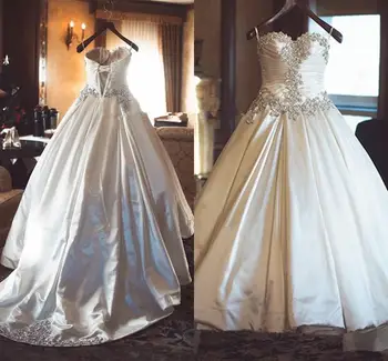 Luxus Crystal Esküvői Ruhák 2021 Beadwork Szívem Vintage Fűző Söprés Vonat szatén Hercegnő Egyház Esküvői Ruha menyasszonyi