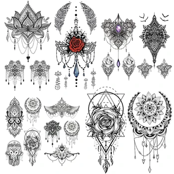 Mandala Henna Ideiglenes Tetoválás A Nők 3D Szexi Hamis Ékszerek Tetoválás Matrica Geometriai Fekete Virág Tetoválás mellkasomba, Bagoly Láncok