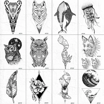 VANKIRS Test Kar Művészeti Ideiglenes Tetoválás a Nők Bagoly Fekete Henna Tetoválás Matrica Hamis Geometriai Fox Víz Transzfer Tetoválás Papír Matricák