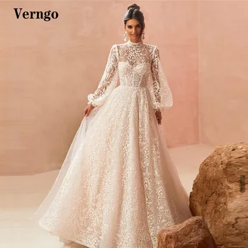 Verngo Luxus Teljes Csipke Esküvői Ruhák Menyasszony, Magas Nyakú, Hosszú Ujjú Egy Sort Söprés Vonat Szerény Arab 2021 Menyasszonyi Ruhák