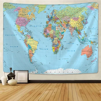Világ Térkép Gobelin Nagy Felbontású Térkép Szövet Falra Dekor Akvarell Térkép Levelet Poliészter Táblázat Címlap Jóga Strand törölköző