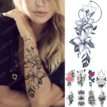 Vízálló Ideiglenes Tetoválás Matrica Geometriai Vonal Lily Virág Flash Tetoválás Rose Fox Lotus Test Művészeti Kar Hamis Tetoválás A Nők, Férfiak