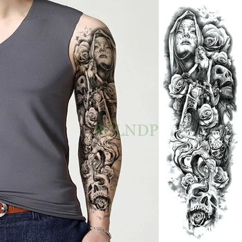 Vízálló Ideiglenes Tetoválás Matrica Koponya Motoros Rose teljes kar nagy méretű hamis tatto flash tetoválás ujja a férfiak a nők lány